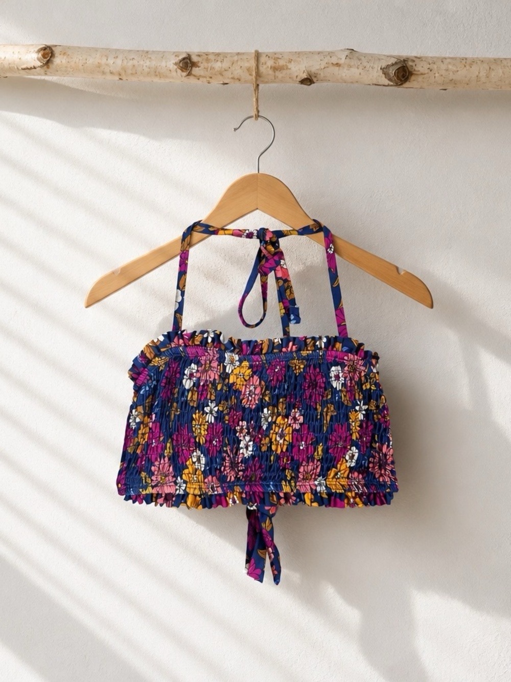 Cupshe Navy Floral Smocked Halter Crop Swim Top with Pink & Yellow Flowers - Picture 4 of 16